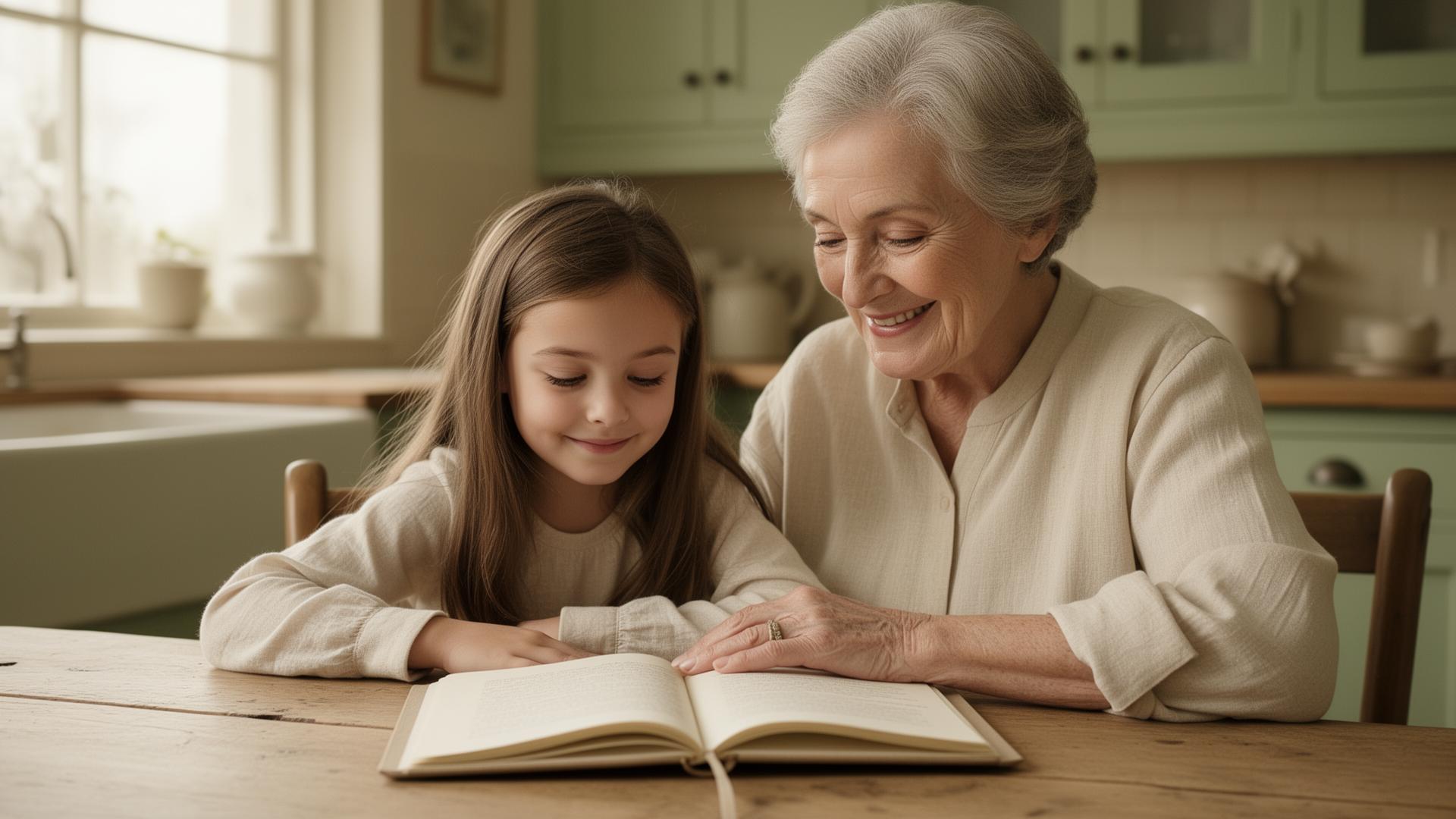 Grandmother and granddaughter reading a journal together